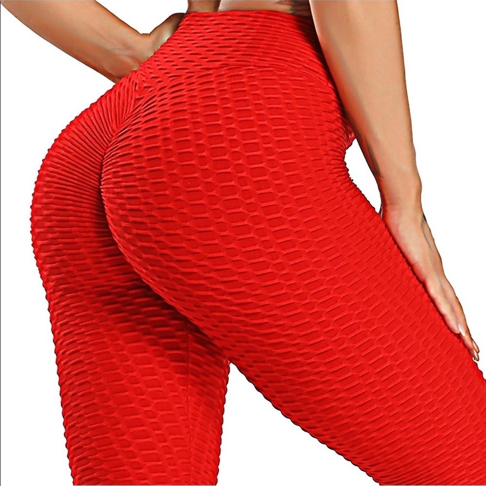 Boutique Red High Waist Scrunch Butt Workout Pants Textured Honeycomb Leggings L